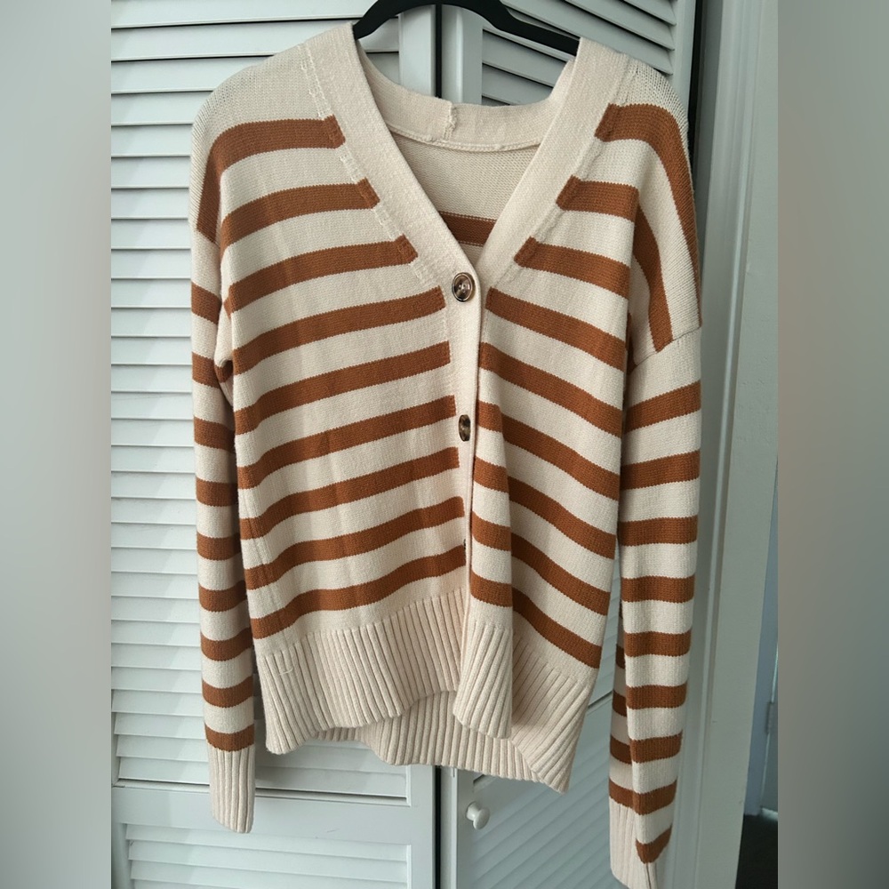 Striped V-Neck Sweater - Cream and Brown